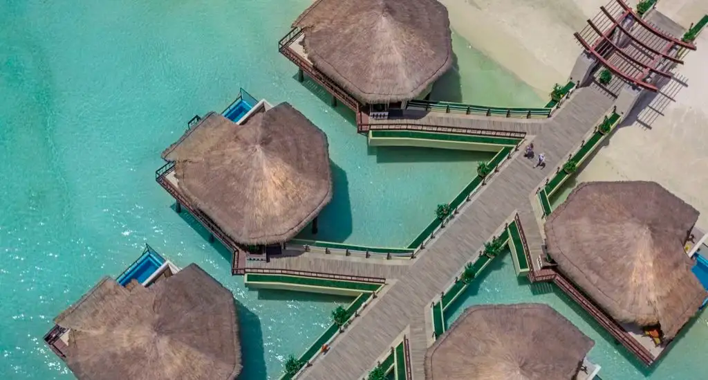 Overhead view of the overwater bungalows at Palafitos Overwater Bungalows