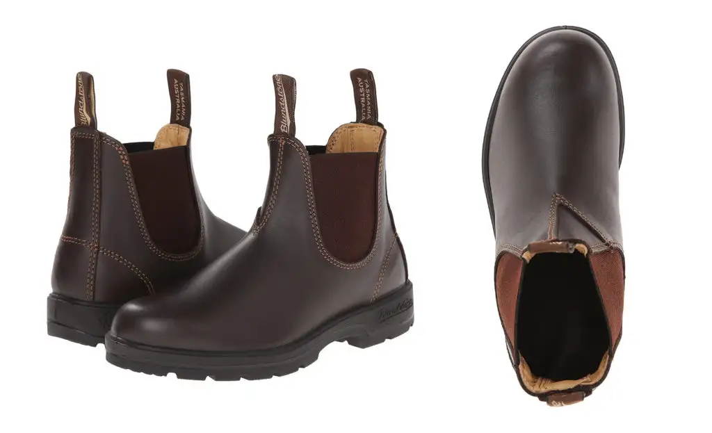 Side and top views of the Blundstone BL550 Classic Chelsea Boot in brown, stylish waterproof footwear