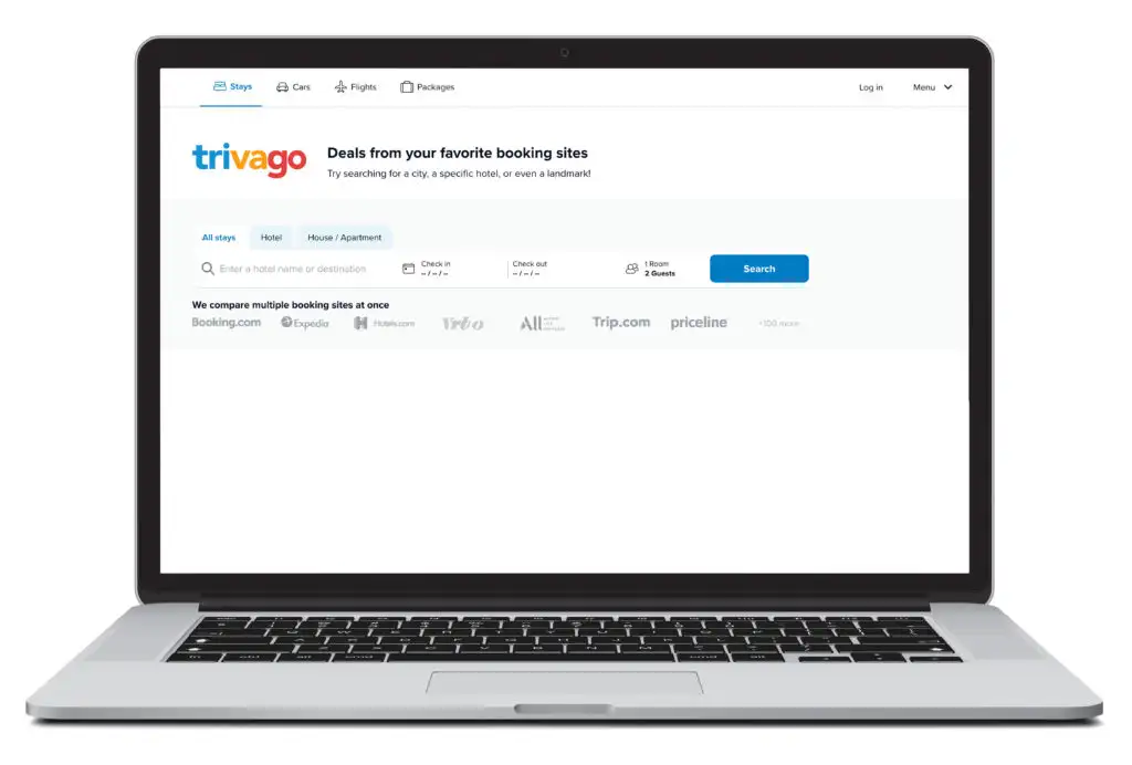 Open laptop showing home screen of Trivago, one of several listed accommodation booking sites