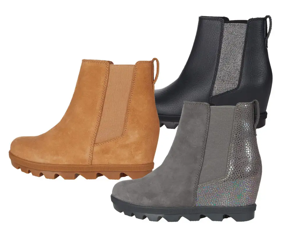 Three color options of the Sorel Joan of Arctic Wedge, waterproof dress boots for kids