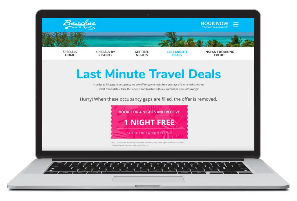 An open laptop showing the last minute deals page of Beaches