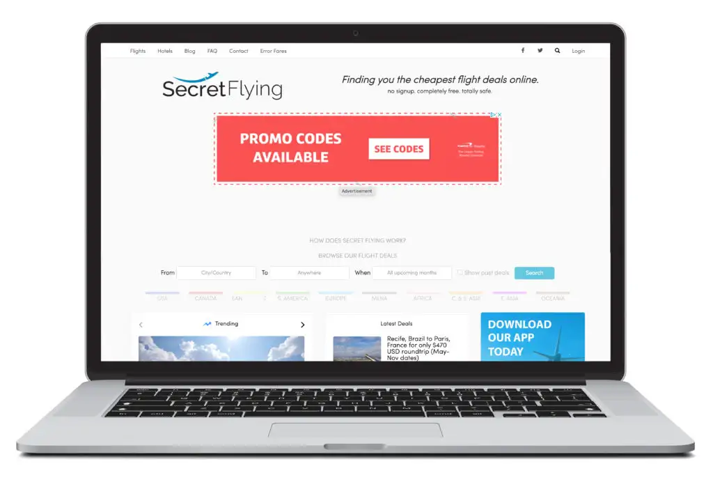 An open laptop showing the homepage of Secret Flying, one of several listed flight booking websites