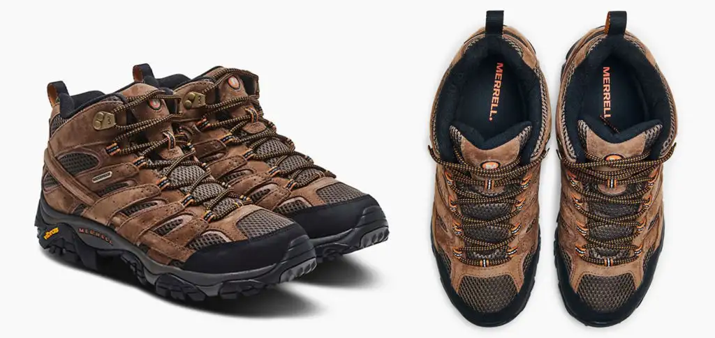 Side and top views of a pair of Merrell Moab 2 Mid waterproof hiking boots, waterproof footwear for hiking