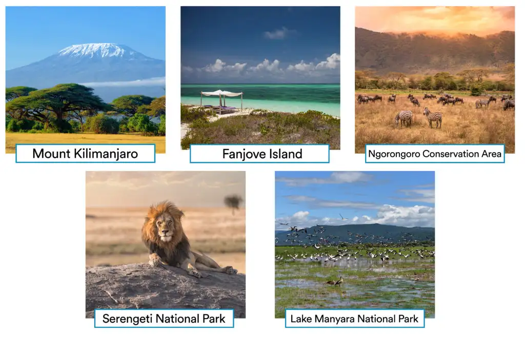 Five images of picturesque locations around Tanzania (listed below)