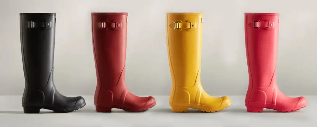 Hunter Original Tall Rain Boots in four colors - black, red, yellow, and pink