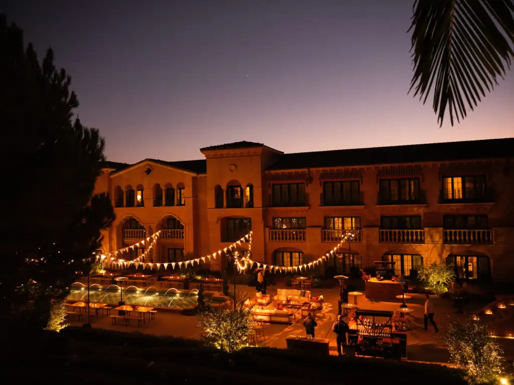 View of the exterior of the Fairmont Grand Del Mar in the evening