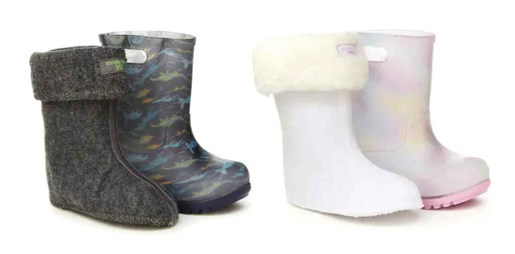 Two color and design options in the Stride Rite Gecko kids waterproof boots