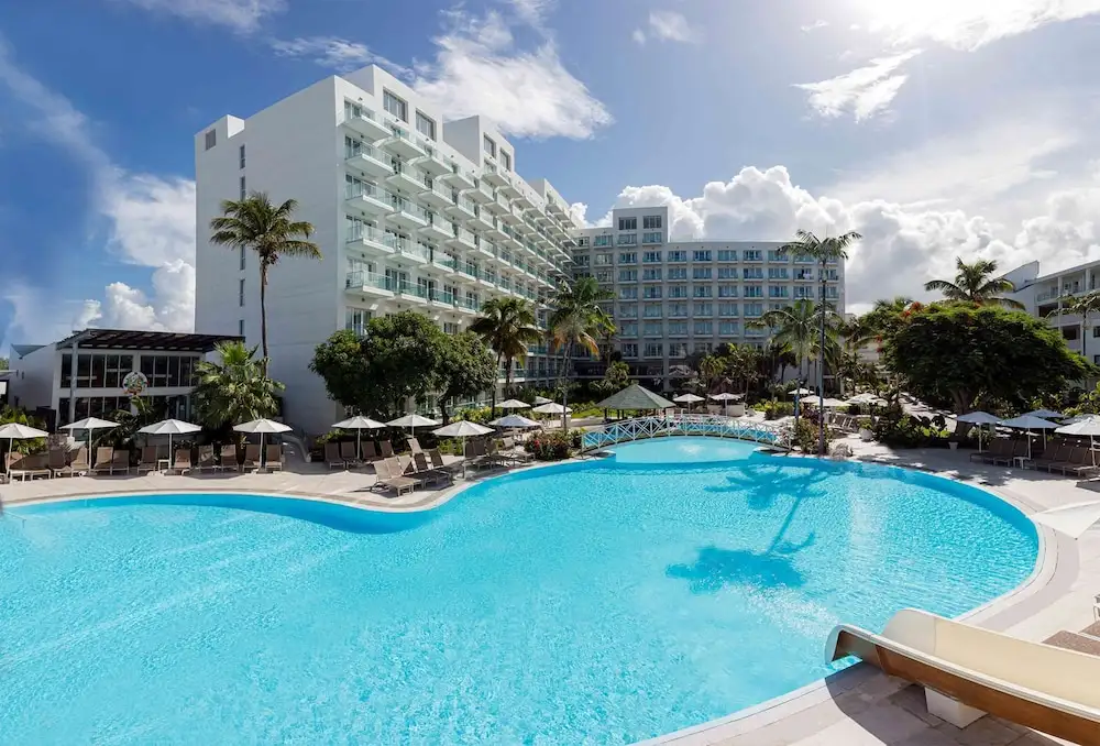 Pool and exterior view of Sonesta Maho Beach Resort and Casino and Spa, Maho Beach, Sint Maarten