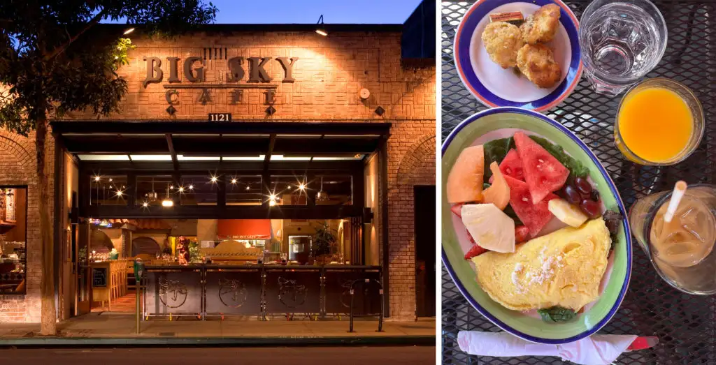 Exterior of Big Sky Café in San Luis Obispo, California (left) and a meal from Big Sky Café (right)