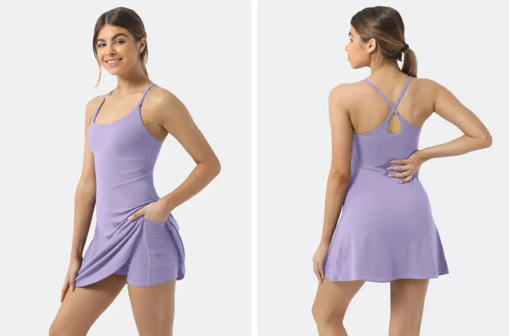 Two views of the Halara Flare Activity Dress-Wannabe in a light purple
