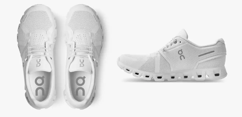 A pair of white sneakers from On Running (left) and a single sneaker from the set (right)