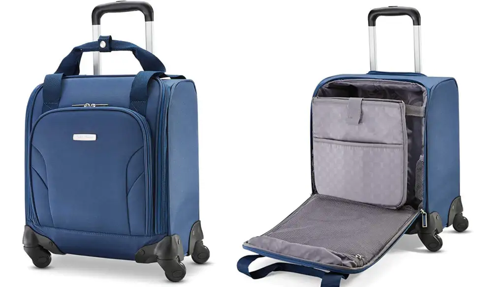 Two views of the Samsonite Underseat Carry-On Spinner With USB Port