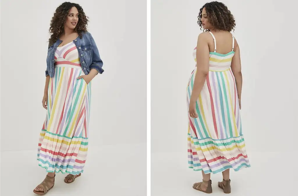 Two views of the Torrid Tiered Maxi Dress in a pastel stripe pattern