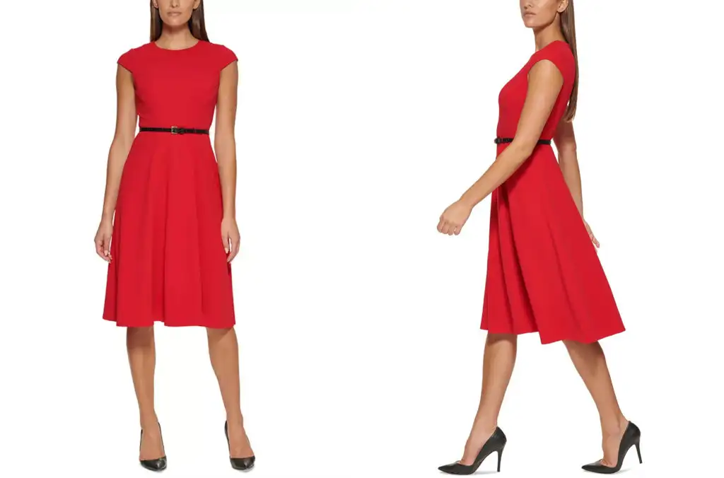 Two views of the Tommy Hilfiger Belted Fit and Flare Midi Dress in bright red