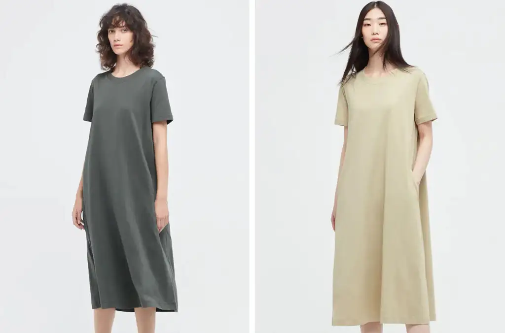 Two views of the UNIQLO Airism Cotton Short Sleeved Flare Dress in grey and beige