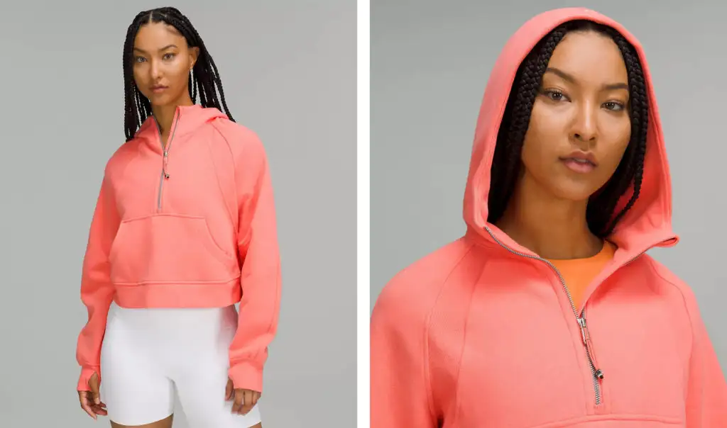 Two views of the lululemon Scuba Oversized Half-Zip Hoodie in the color Raspberry Cream