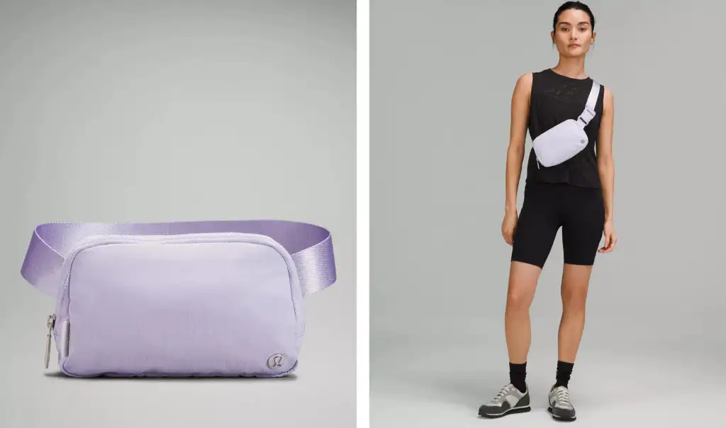 Two views of the lululemon Everywhere Belt Bag Extended Strap in the color Lavender Fog