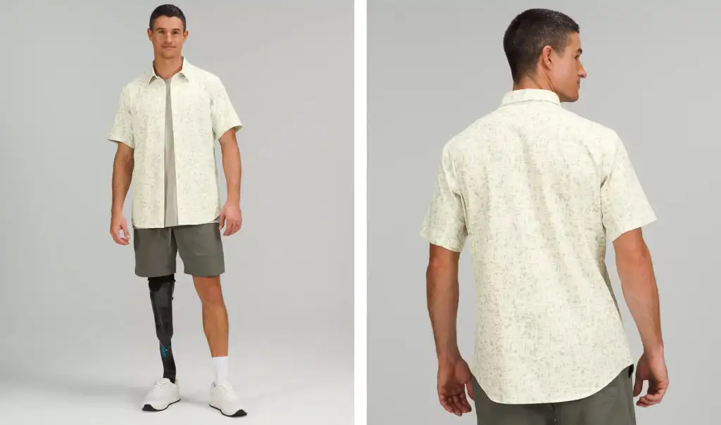 Two views of the lululemon Airing Easy Short Sleeve in the pattern Drop Stitch Antique White Raw Linen