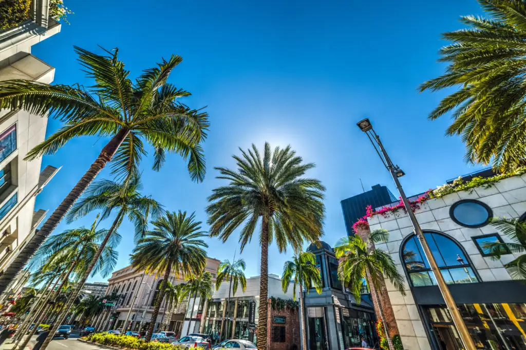 Low angle view of a sunny day on Rodeo Drive in Los Angeles, California
