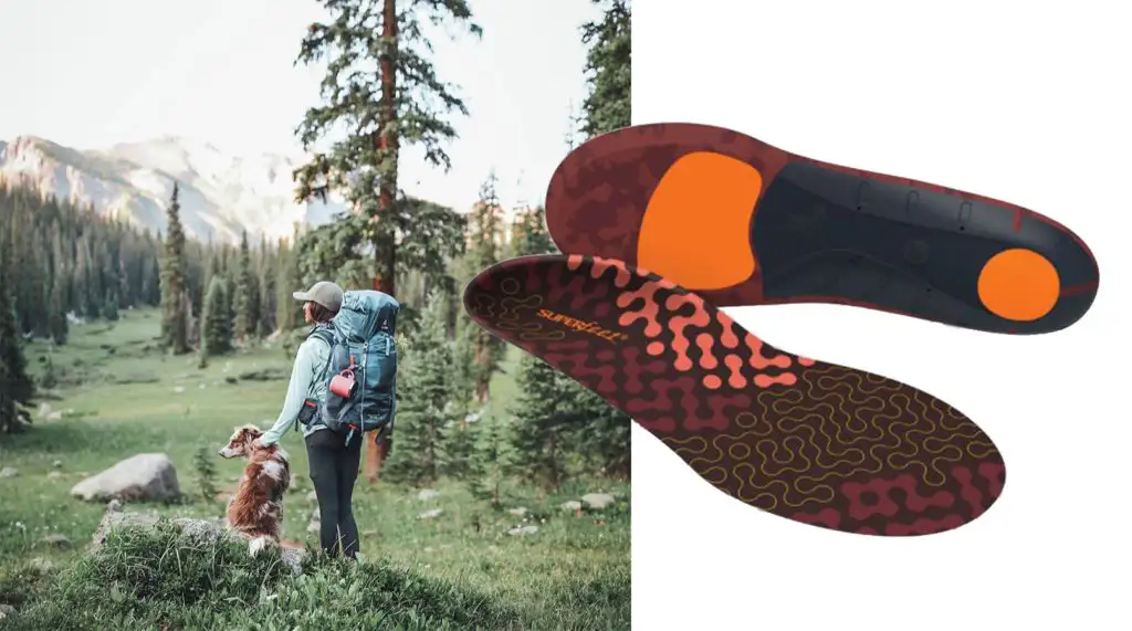 Superfeet’s Adapt Run orthotic insoles overlaid on a photo of a woman hiking in the woods with her dog