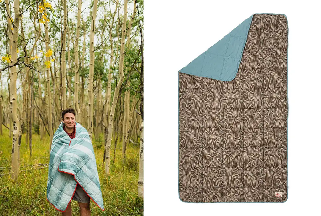 Man in the woods wrapped up in the Kelty Bestie Blanket (left) and the Kelty Bestie Blanket laid out flat (right)