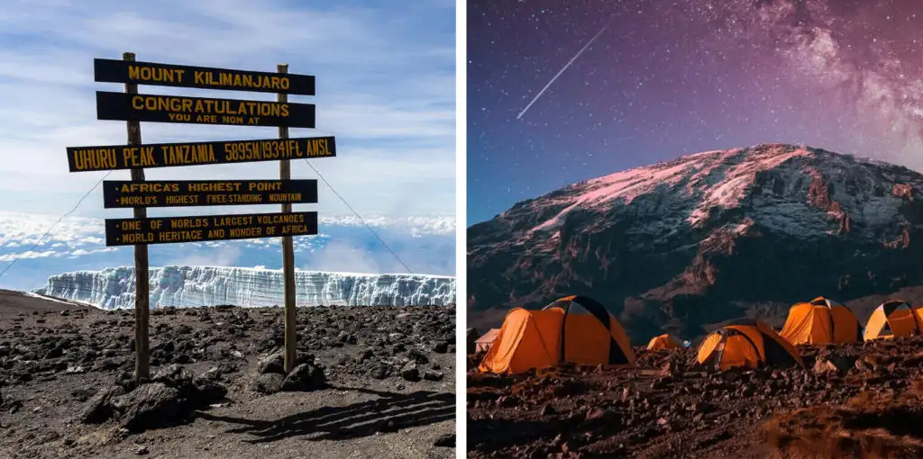 Signs on Mount Kilimanjaro (left) and tents pitched in front of Mount Kilimanjaro (right)