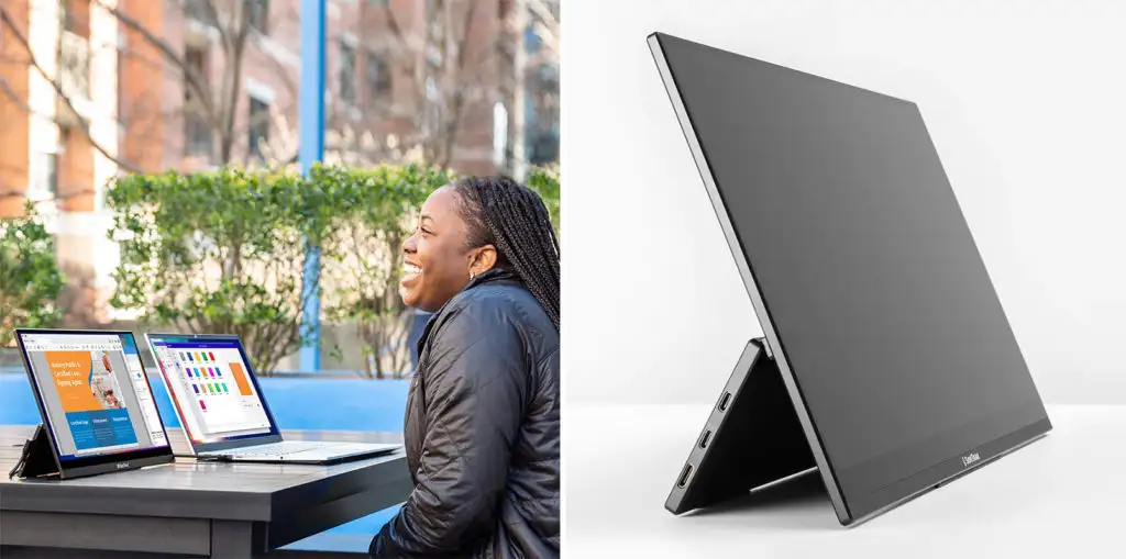 Woman using the SideTrak Solo Touch Monitor outdoors (left) and a close up of the SideTrak Solo Touch Monitor (right)