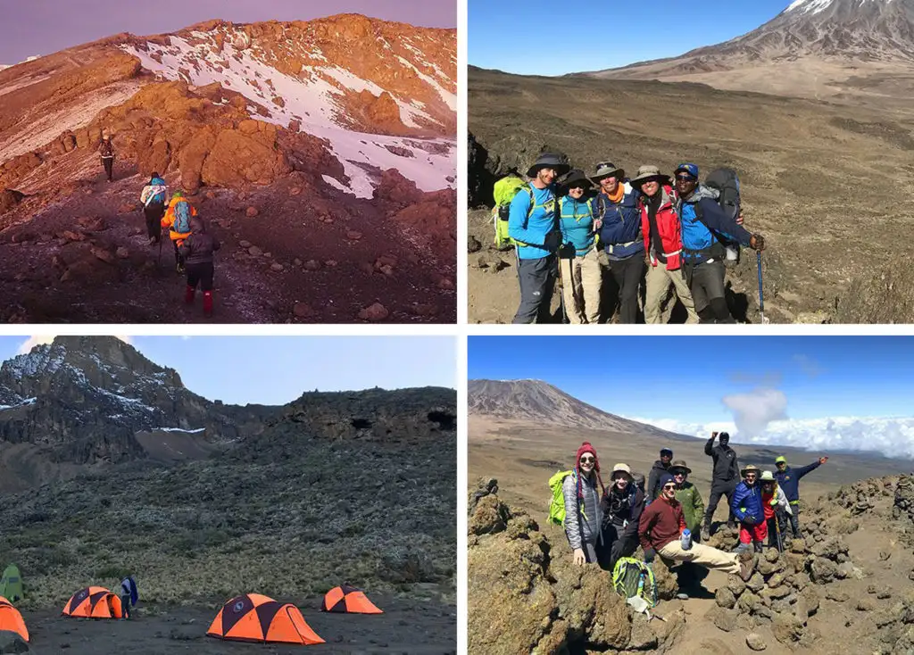 Four images showing a tour group progressing throughout a hike up Mount Kilimanjaro in Africa
