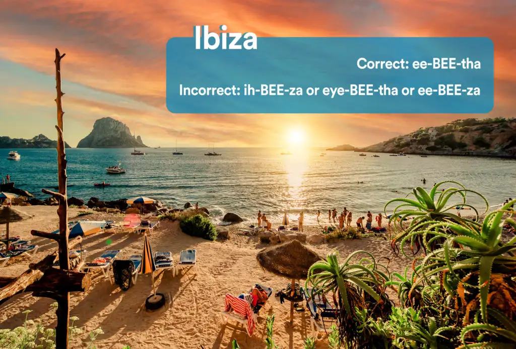 Beach in Ibiza, Spain at sunset with graphic overlay showing the correct and incorrect way to pronounce "Ibiza"