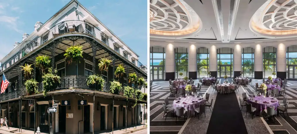 Exterior view of Loews Hotel in New Orleans, Louisiana (left) and interior event area set up for a wedding (right) 