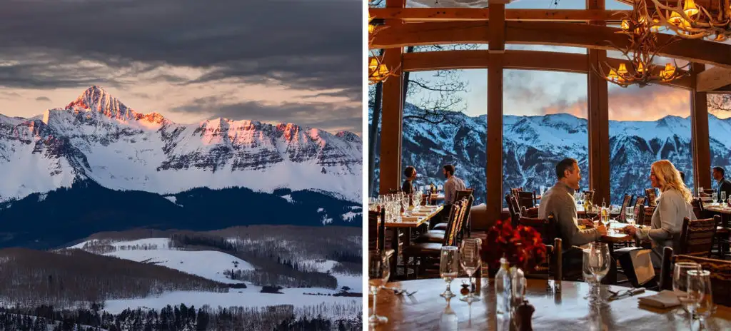 Julian Alps in Telluride (left) and a couple dining at Allred's restaurant at Telluride Ski Resort with mountains in the background (right)