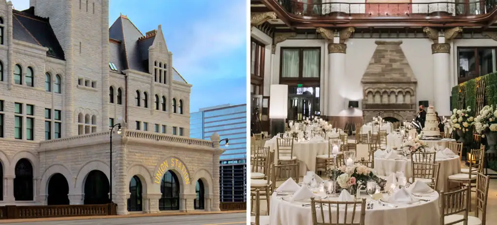Front entrance of Union Station Nashville Yards in Nashville, Tennessee (left) and Main Lobby area set up for a wedding reception (right)