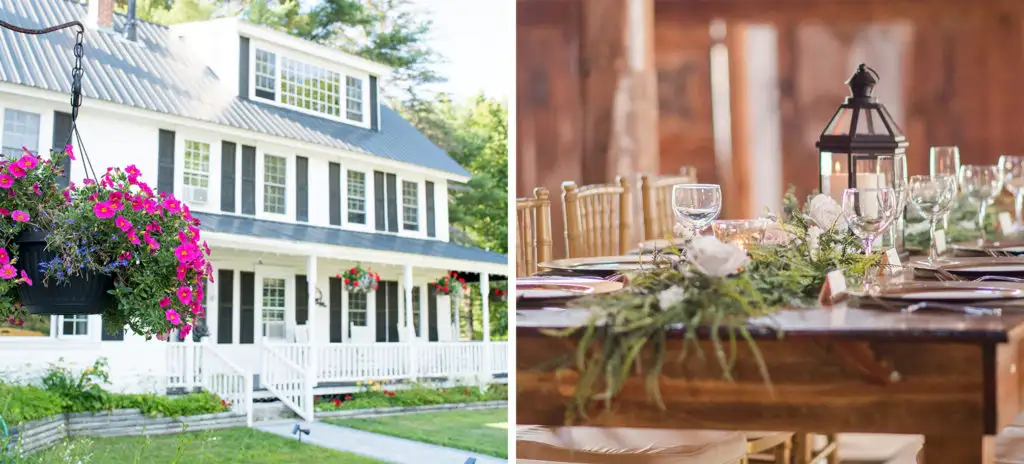 Front exterior of the Bear Mountain Inn & Barn (left) and a rustic table setting with greens and wine glasses (right)