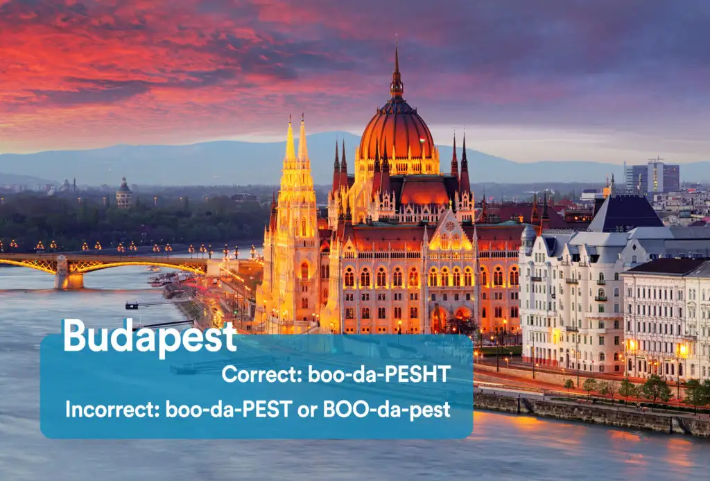 Parliament building in Budapest at sunset with graphic overlay showing the correct and incorrect way to pronounce "Budapest"