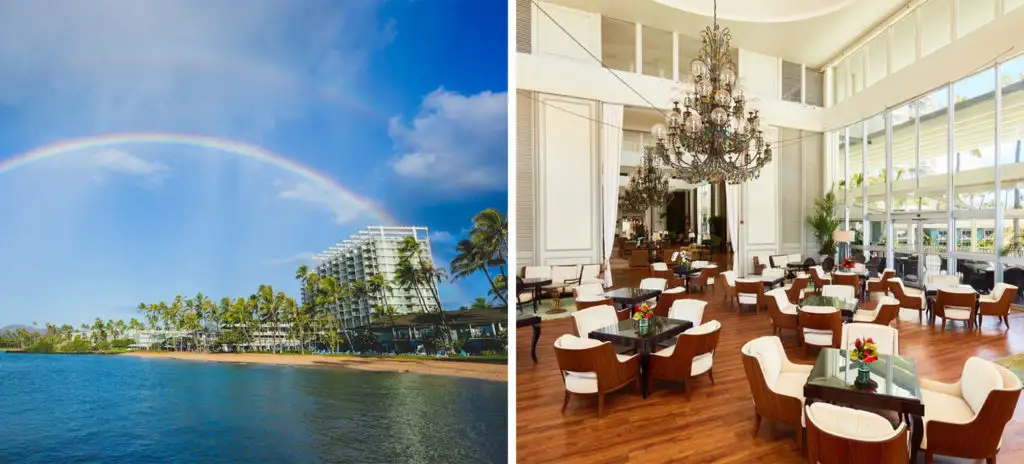 Rainbow over the ocean and Kahala Hotel & Resort (left) and interior dining room (right)