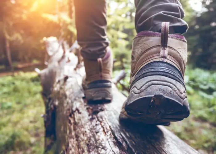 Close up of a pair of feet wearing hiking boots crossing an old log in the forest