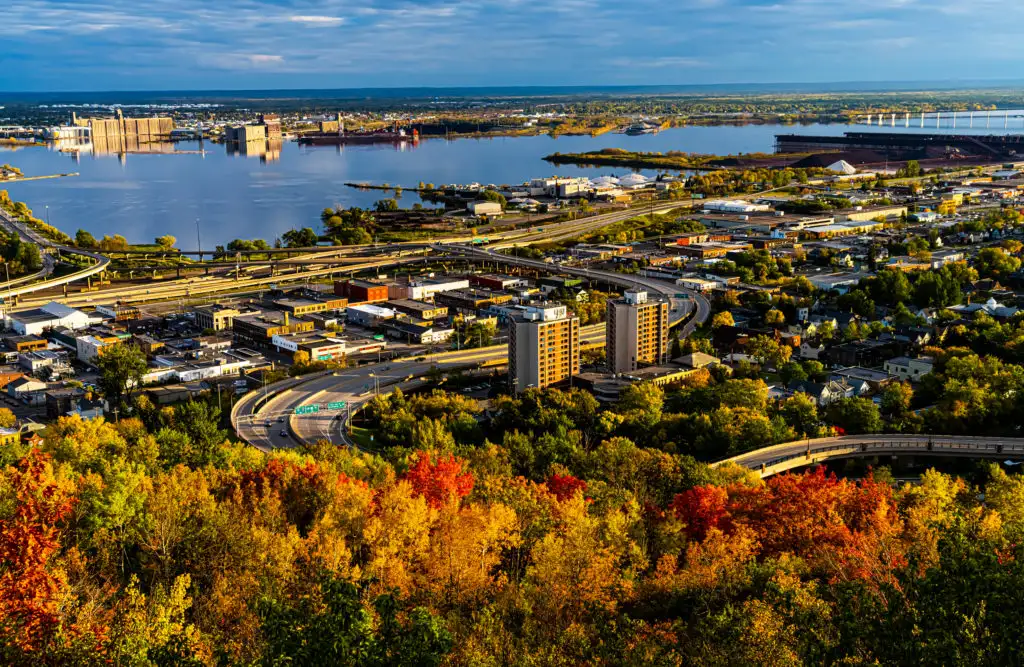 Aerial view of the changing fall leaves and surrounding bay in Duluth, Minnesota