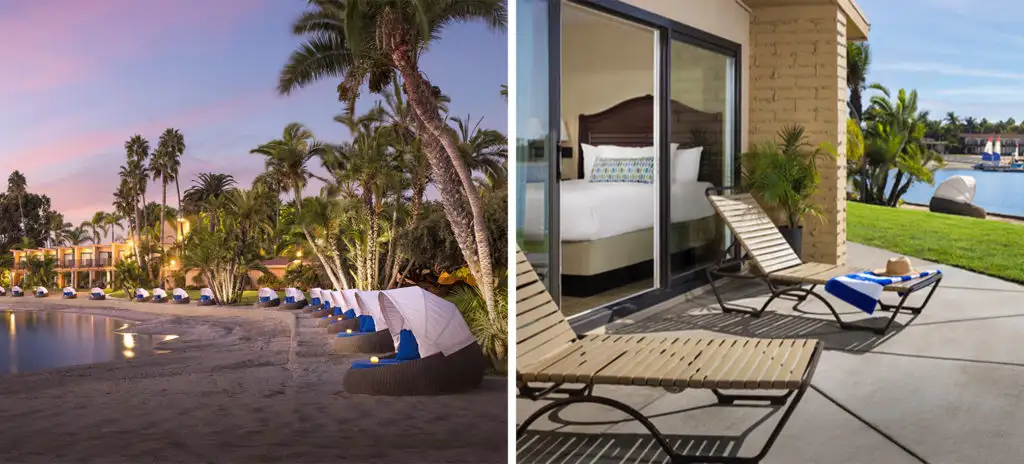Beach cabanas along the coast at Bahia Resort Hotel (left) and patio area of a guest room (right)