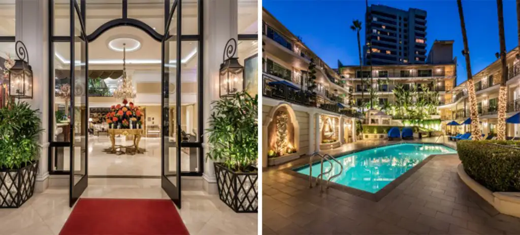 Interior lobby area of the Beverly Hills Plaza Hotel & Spa (left) and exterior pool area at the Beverly Hills Plaza Hotel & Spa (right)
