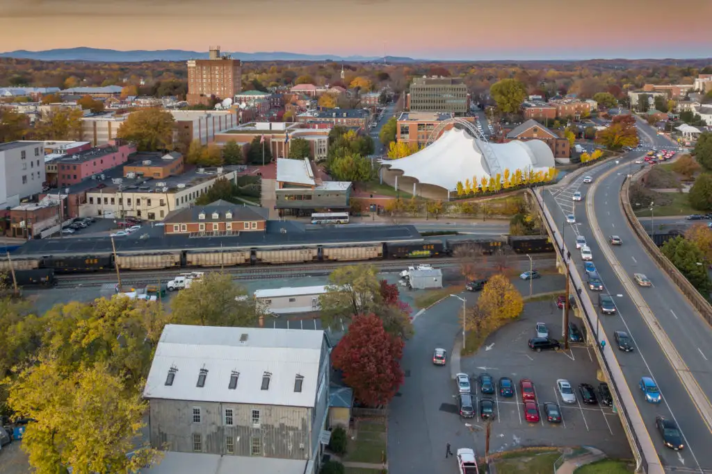 Aerial view of Charlottesville, Virginia in autumn