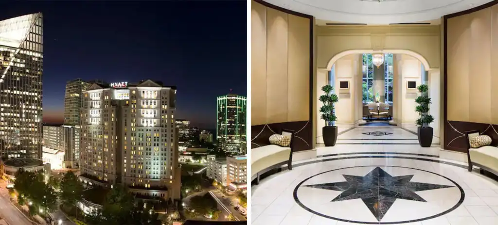Exterior of the Grand Hyatt Atlanta in Buckhead at night (left) and interior lobby area with marble floors and seating (right)