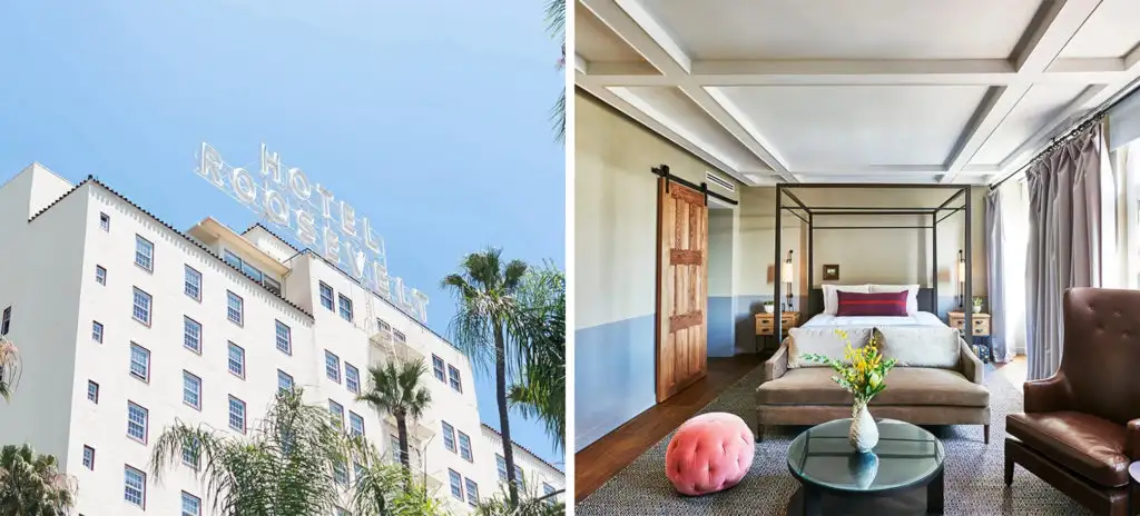 Exterior of the Hotel Roosevelt and large rooftop sign (left) and interior of a bedroom at the Hotel Roosevelt (right)
