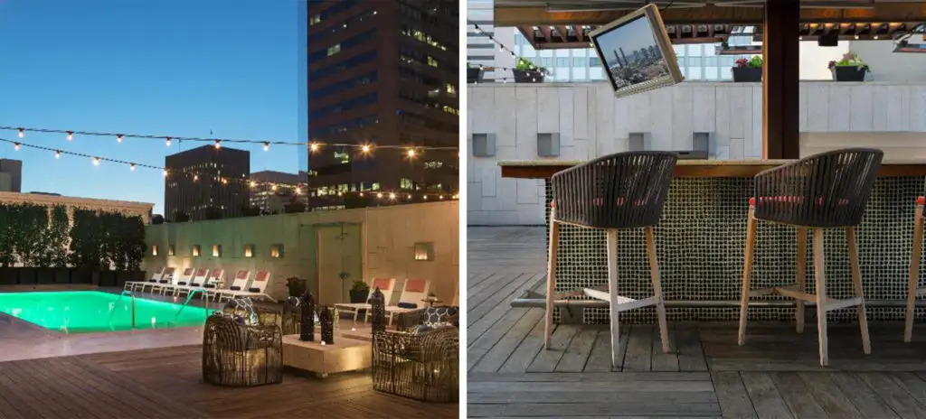 Rooftop pool area at Kimpton Hotel Palomar San Diego (left) and bar area (right)