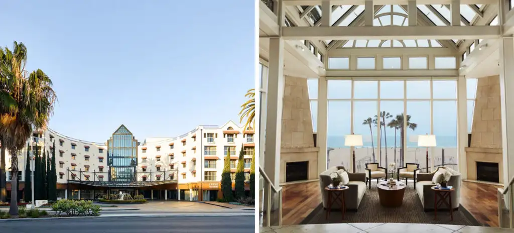Exterior of Loews Santa Monica (left) and interior sitting area with two fireplaces and large floor-to-ceiling windows (right)