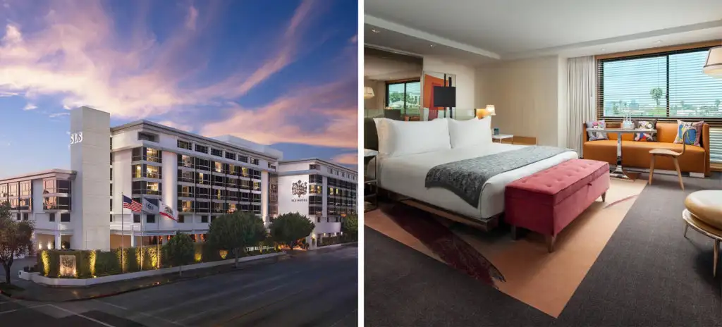 Exterior of the SLS Hotel, a Luxury Collection Hotel, Beverly Hills at dusk (left) and interior of a bedroom at SLS Hotel, a Luxury Collection Hotel, Beverly Hills (right)