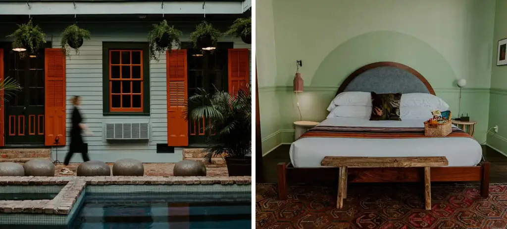 Exterior of The Frenchmen Hotel with a woman moving quickly by, blurry (left) and a bedroom in The Frenchmen Hotel (right)