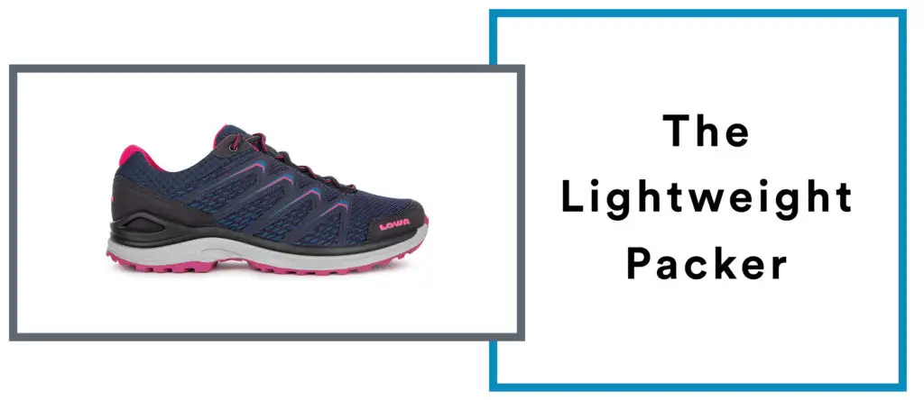 A box with a label that says "The Lightweight Packer" next to an image of a Lowa hiking shoe surrounding by a grey border