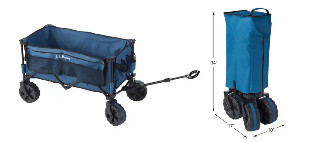The empty L.L.Bean Collapsible Wagon (left) and the L.L.Bean Collapsible Wagon collapsed to its smallest size with measurements displayed (right)