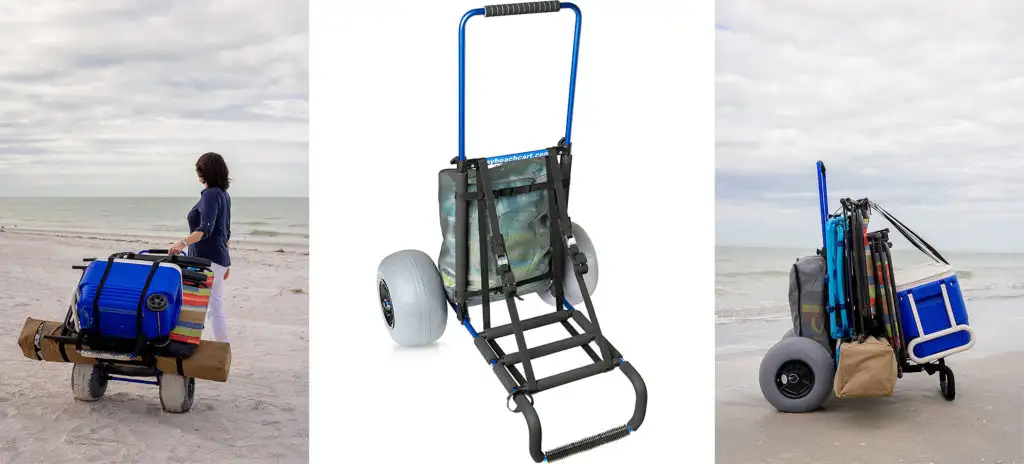 Woman pulling the My Beach Cart® NO Rust Aluminum Foldable Beach Cart along the beach (left), the My Beach Cart® NO Rust Aluminum Foldable Beach Cart set up and empty (middle), and the My Beach Cart® NO Rust Aluminum Foldable Beach Cart full of beach gear standing alone in front of the ocean (right)