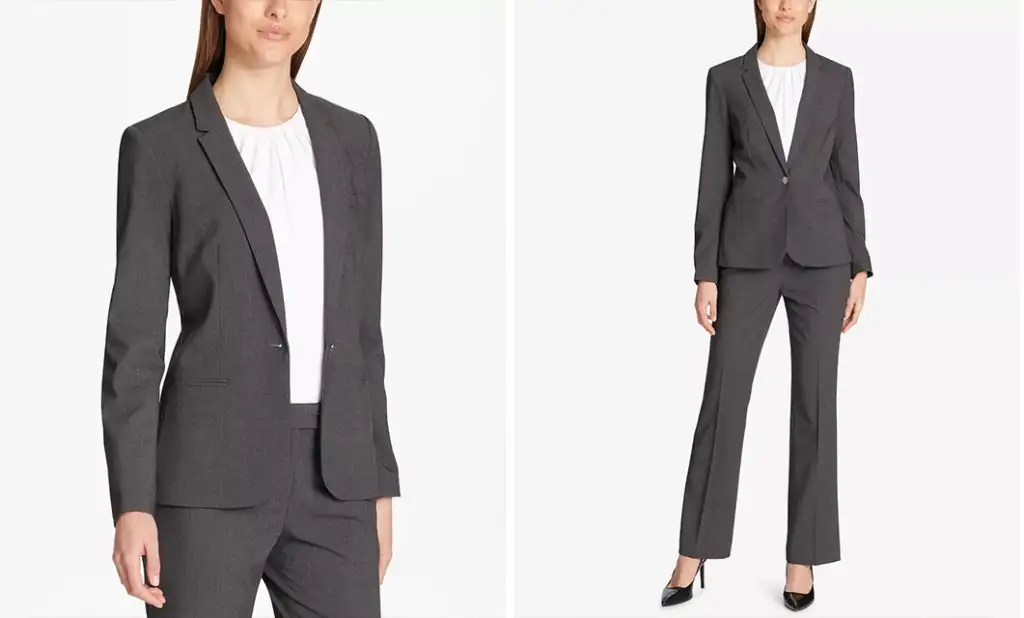 Model showing different angles of the Calvin Klein One-Button Blazer in grey